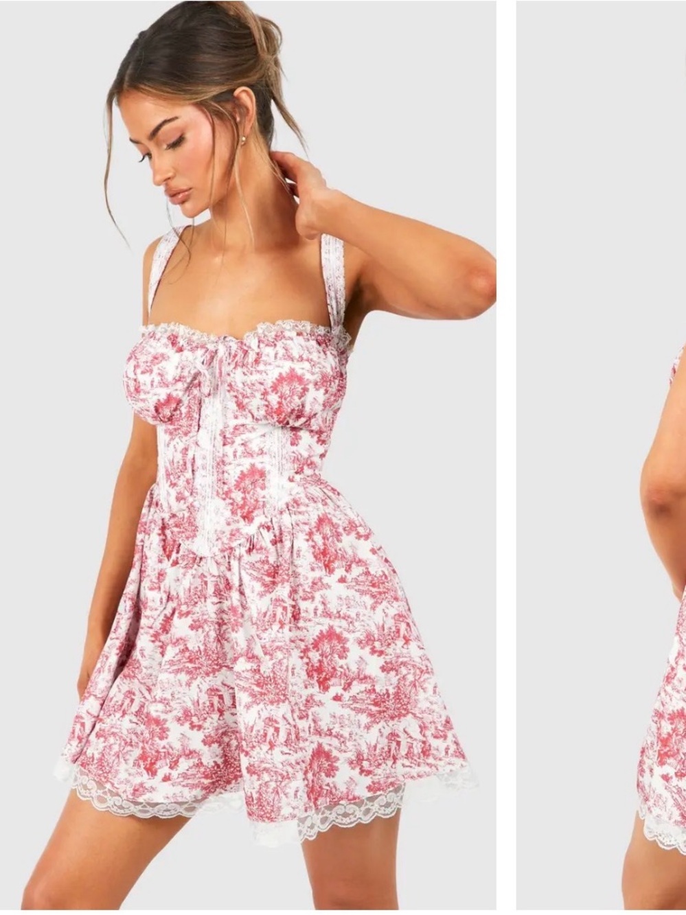 Boohoo Red White Mini Dress Porcelain Print Milkmaid Lace Trim Coquette 12